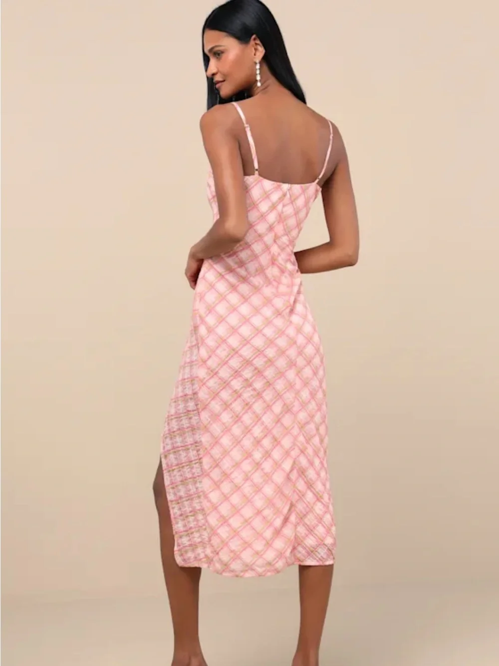 Lulu's Pink Plaid Spaghetti-Strap Midi Dress